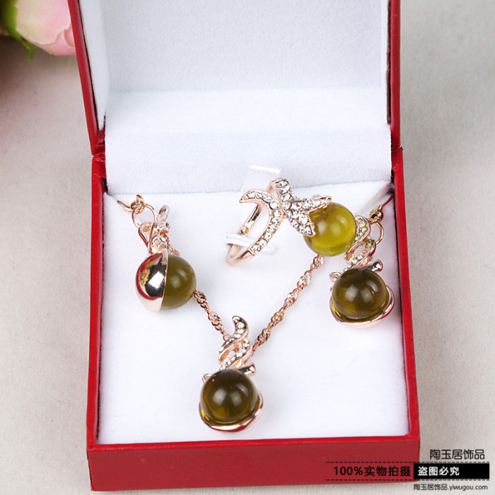 Gold Blue Amber beeswax gilt jewelry necklace bracelet ring earrings set