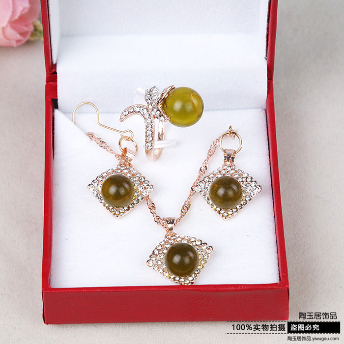 Gold Blue Amber beeswax gilt jewelry necklace bracelet ring earrings set