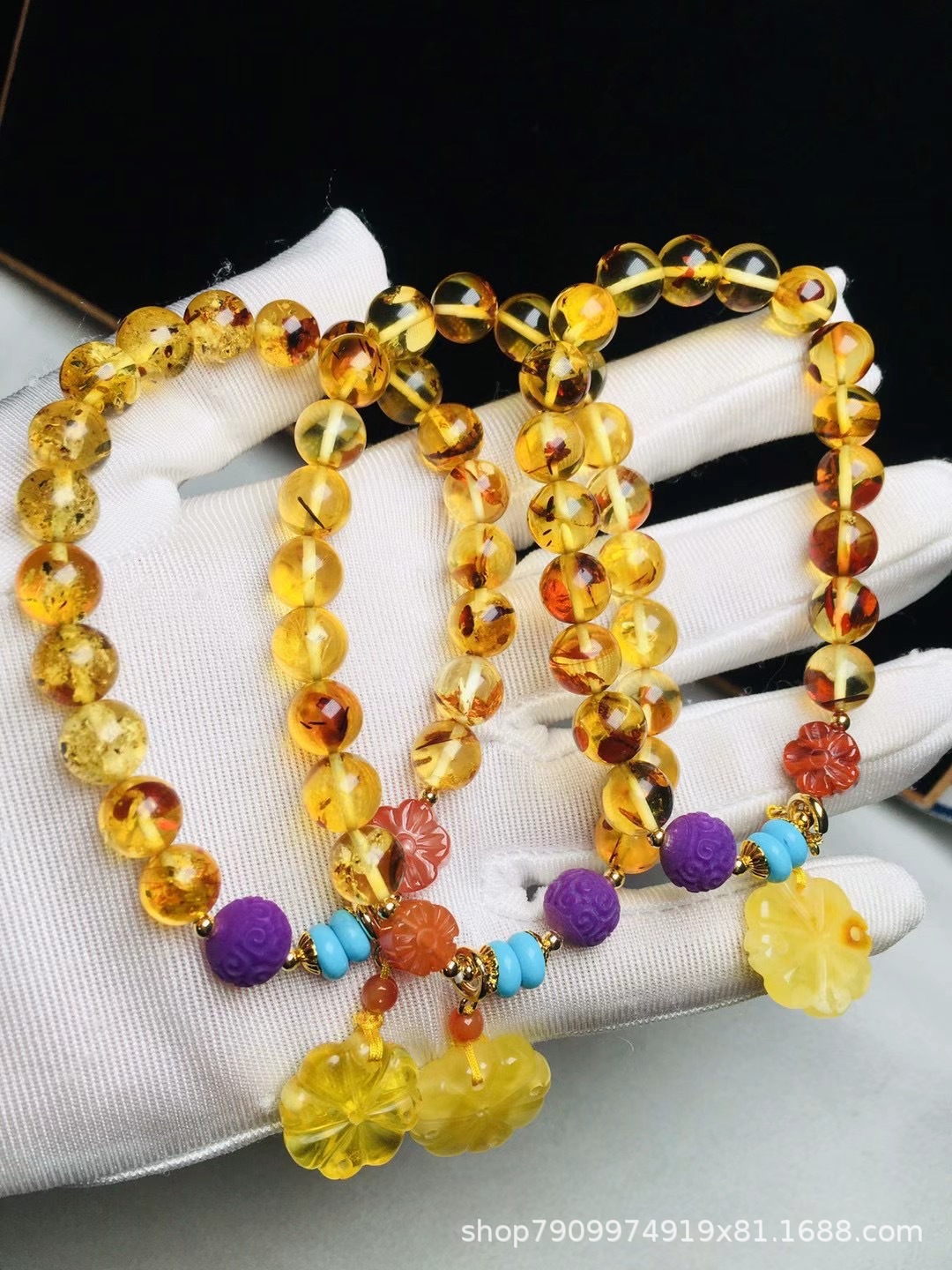 Natural Piebald Amber Exquisite Bracelet Amber Single Circle Round Beads Women &#039;S Bracelet With Charoite Beeswax South Red
