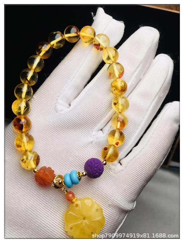 Natural Piebald Amber Exquisite Bracelet Amber Single Circle Round Beads Women &#039;S Bracelet With Charoite Beeswax South Red
