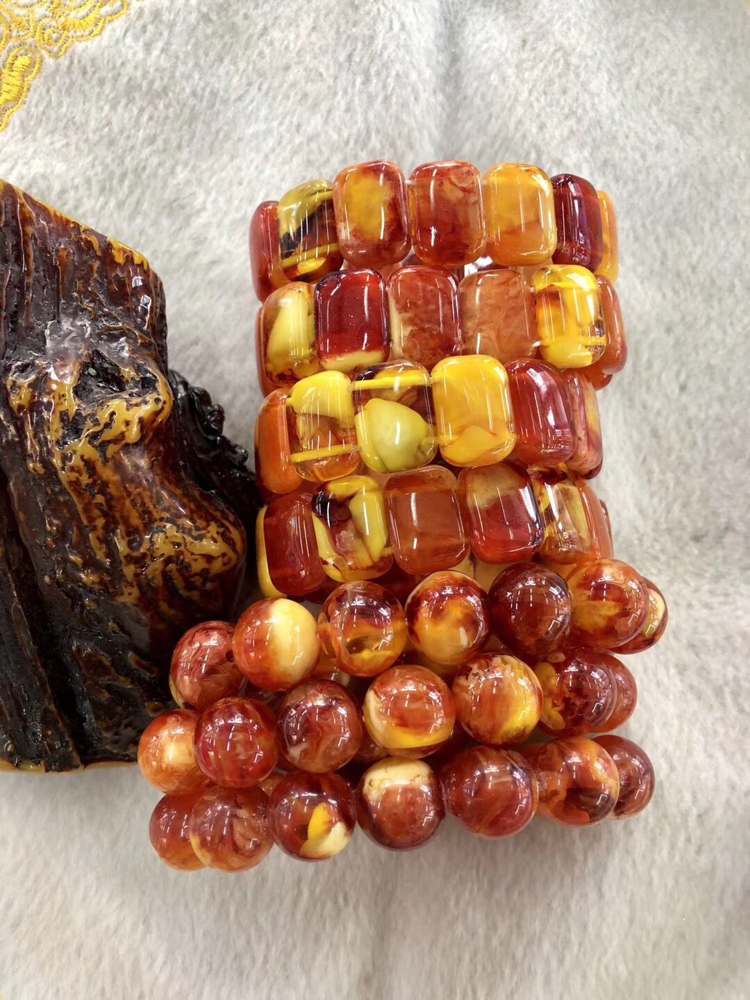 Beeswax hand string national wind amber br women's single circle chicken oil yellow flat bead bracelet pendant