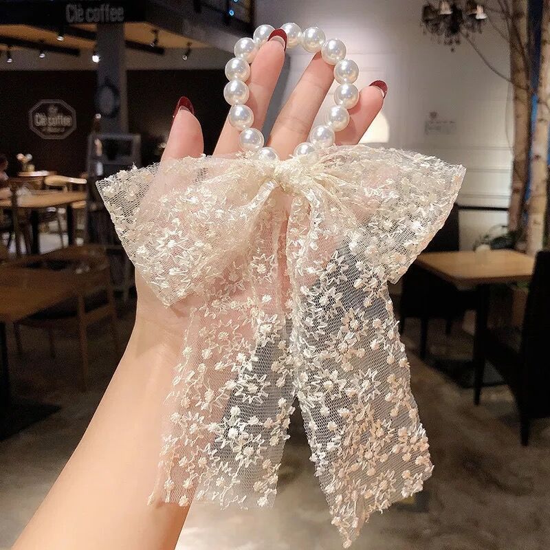Pearl Hairtie Rubber Band Hair Band Korean Style Large Intestine Hair Rope Lace Strap Bow Hair Accessories Headdress Flower Small Jewelry