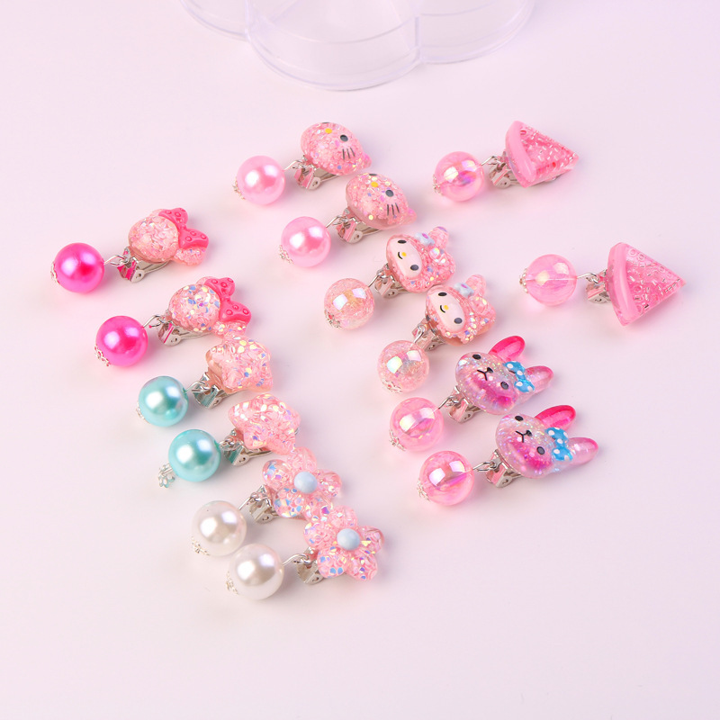 Ear Clip No Pierced Female Children 7 Pairs Jelly Color Cute Pearl Student Jewelry DIY Tassel Ear Clip Long
