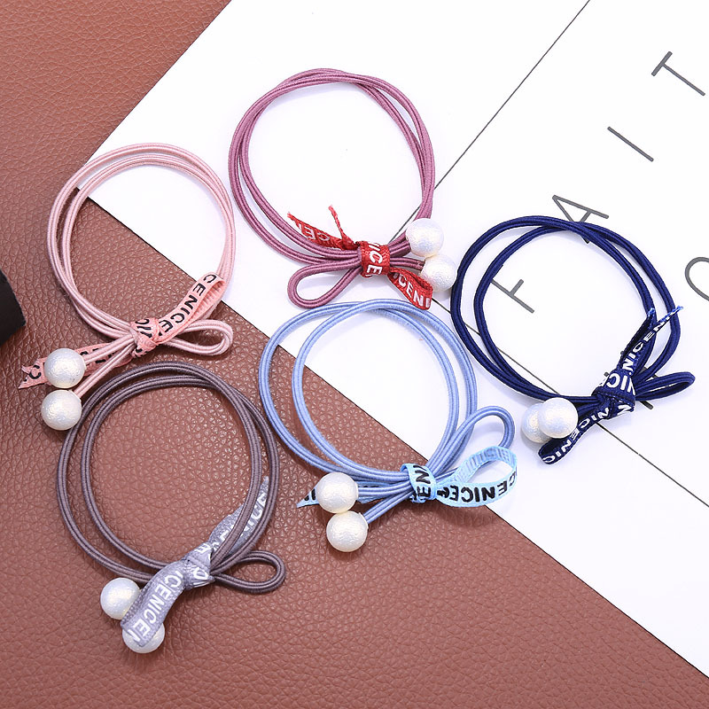Korean Spring/Summer Stall Pearl Headband Rubber Band Cute Hair Ring Letter Ribbon Knotted Bow Hair Rope Head Jewelry