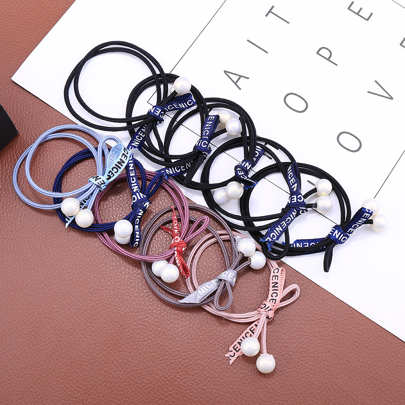 Korean Spring/Summer Stall Pearl Headband Rubber Band Cute Hair Ring Letter Ribbon Knotted Bow Hair Rope Head Jewelry