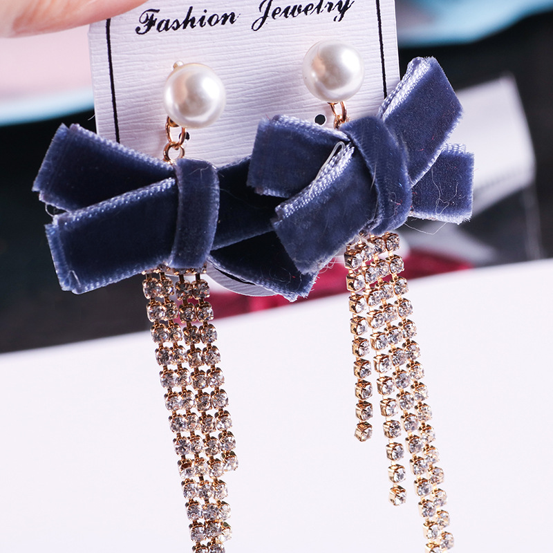 Korean Women&#039;s Fashion Bow Earrings Drill Chain Fabric Earrings Creative Pearl Earrings Trendy Jewelry Wholesale