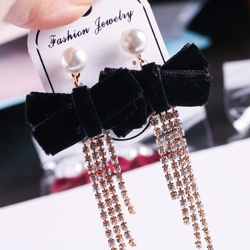 Korean Women&#039;s Fashion Bow Earrings Drill Chain Fabric Earrings Creative Pearl Earrings Trendy Jewelry Wholesale