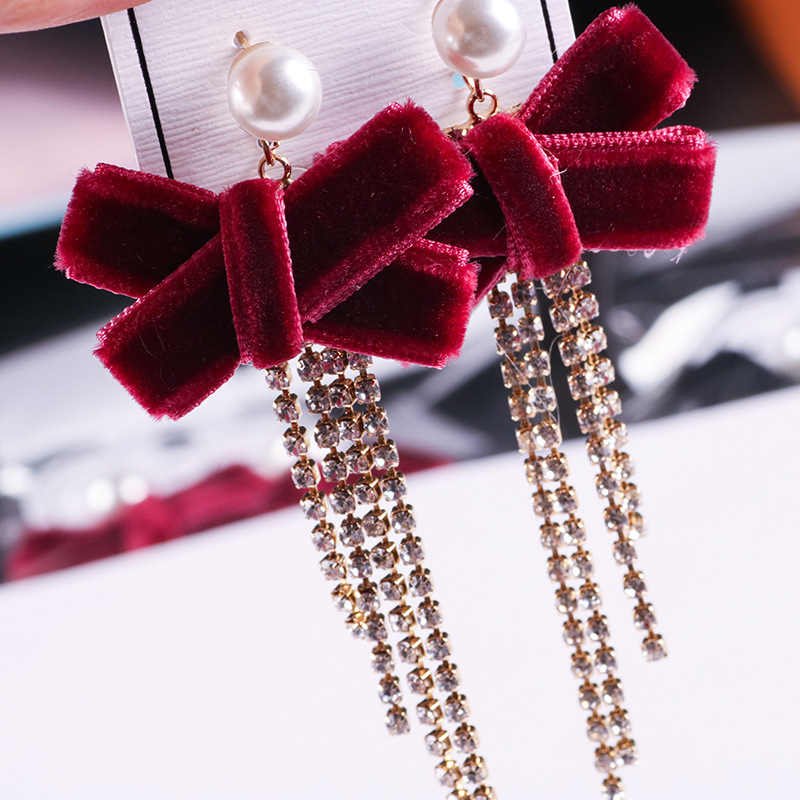 Korean Women&#039;s Fashion Bow Earrings Drill Chain Fabric Earrings Creative Pearl Earrings Trendy Jewelry Wholesale