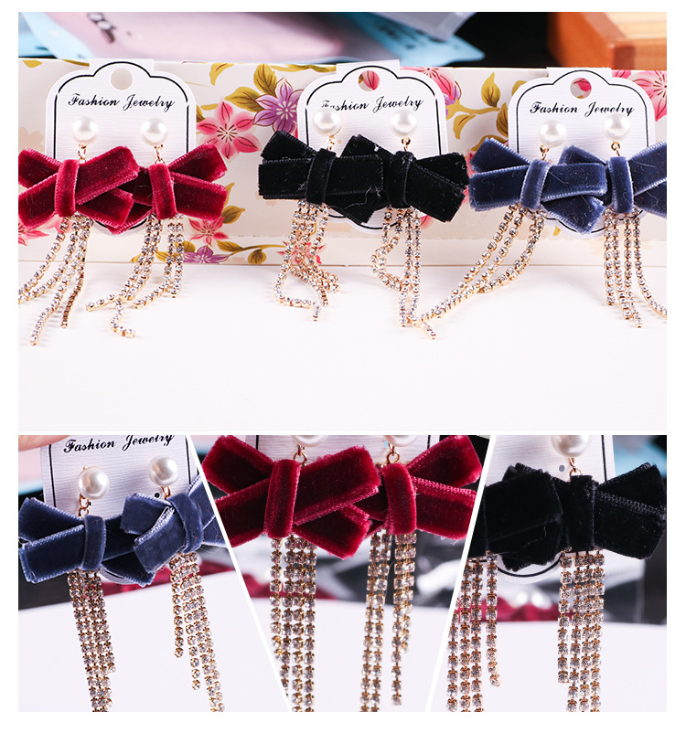 Korean Women's Fashion Bow Earrings Drill Chain Fabric Earrings Creative Pearl Earrings Trendy Jewelry Wholesale