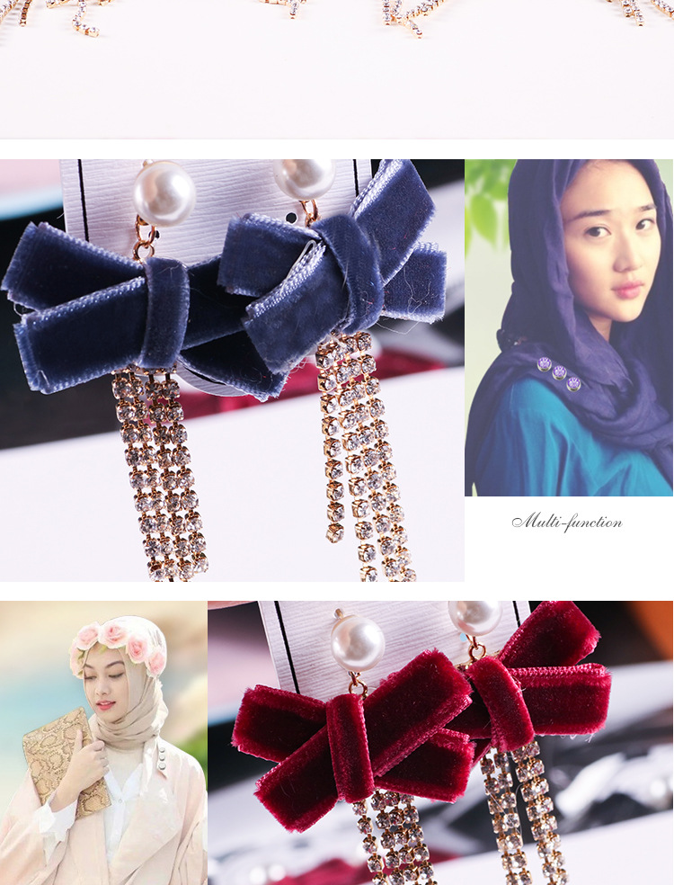 Korean Women's Fashion Bow Earrings Drill Chain Fabric Earrings Creative Pearl Earrings Trendy Jewelry Wholesale