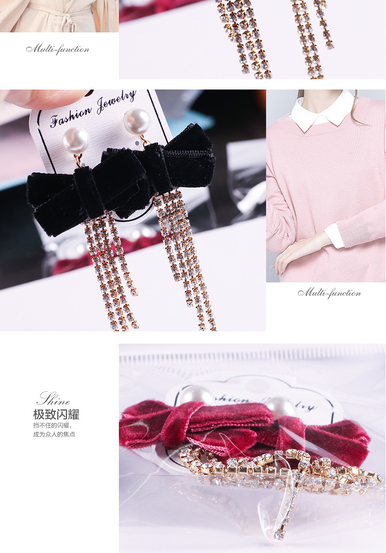 Korean Women's Fashion Bow Earrings Drill Chain Fabric Earrings Creative Pearl Earrings Trendy Jewelry Wholesale