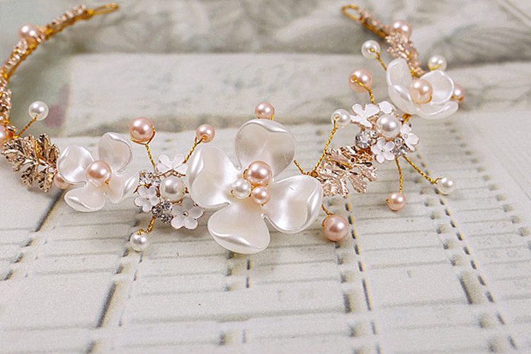 Wedding Headdress Wholesale Bridal Hair Accessories Pearl Ceramic Golden Headband European and American Children's Headband Girls Jewelry Wholesale