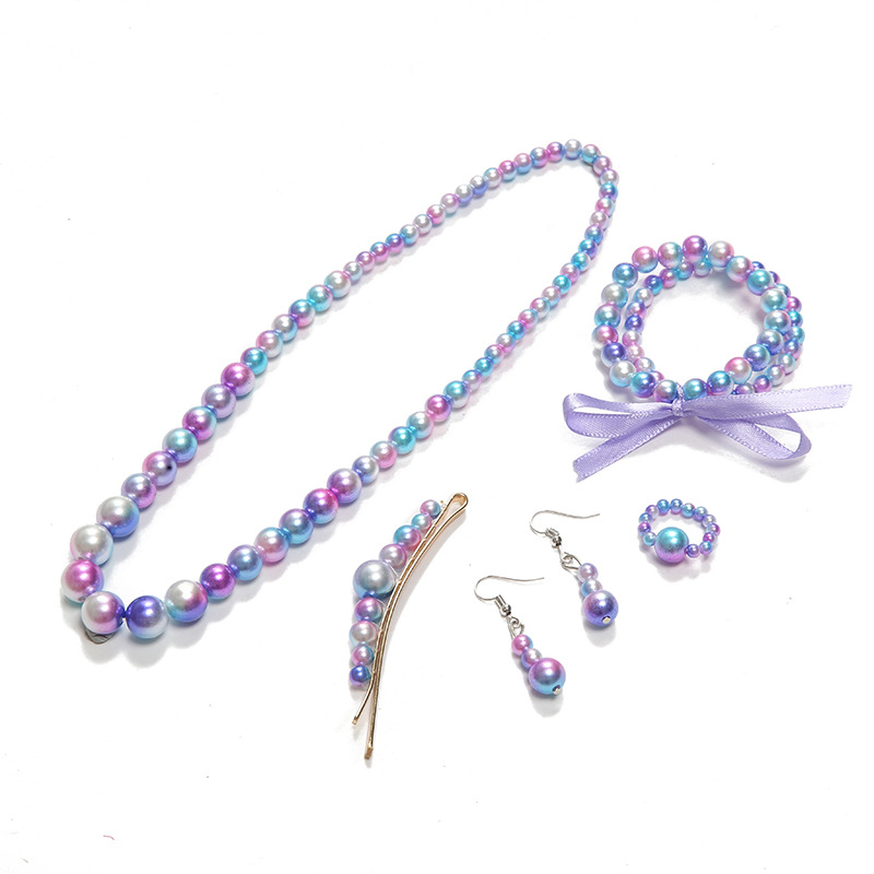 New Color Faux Pearl Jewelry Set Girls&#039; Color Hairpin Bracelet Necklace Ring Eardrops Set