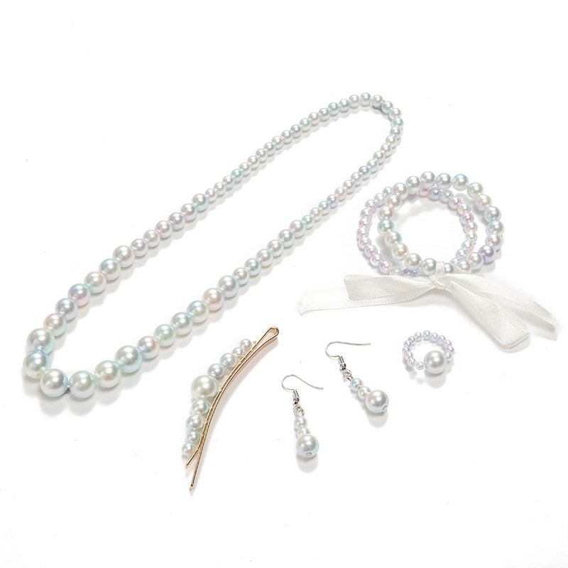 New Color Faux Pearl Jewelry Set Girls&#039; Color Hairpin Bracelet Necklace Ring Eardrops Set