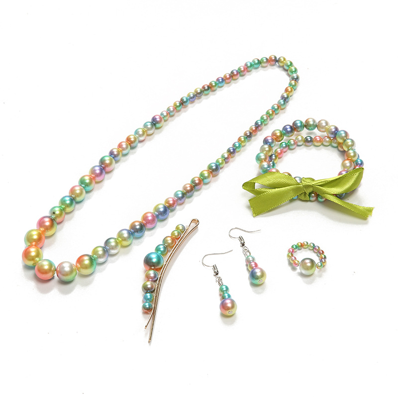 New Color Faux Pearl Jewelry Set Girls&#039; Color Hairpin Bracelet Necklace Ring Eardrops Set