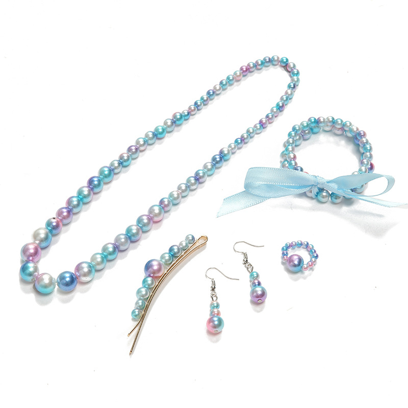 New Color Faux Pearl Jewelry Set Girls' Color Hairpin Bracelet Necklace Ring Eardrops Set