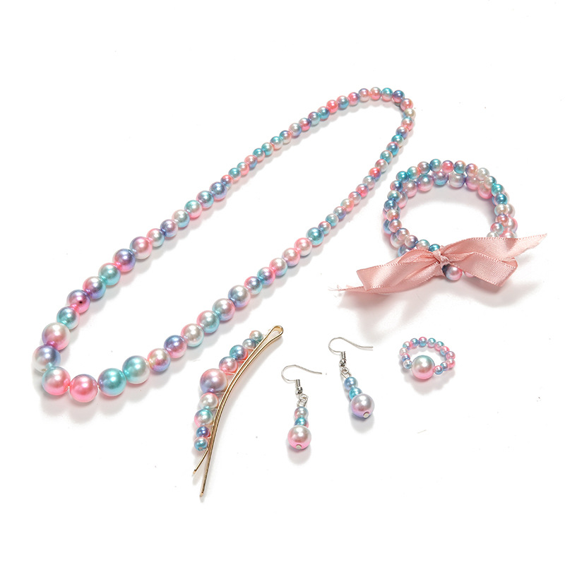 New Color Faux Pearl Jewelry Set Girls' Color Hairpin Bracelet Necklace Ring Eardrops Set