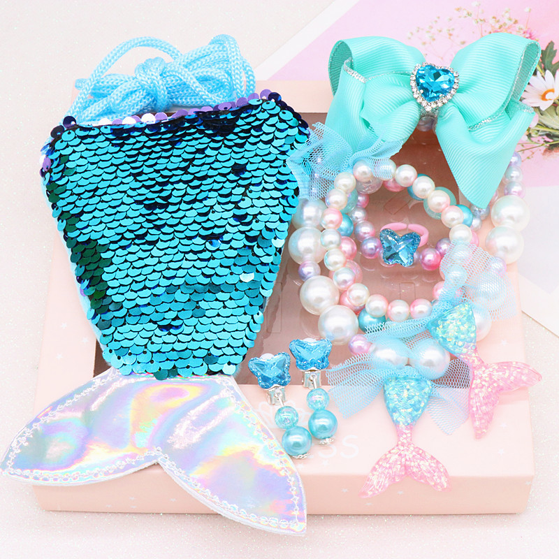 Children&#039;s Fishtail Necklace Bracelet Cross-Border Sold Jewelry Set Pearl Necklace Cartoon Fishtail Bag Gift Box Wholesale