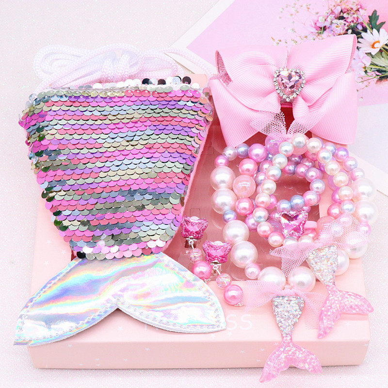 Children&#039;s Fishtail Necklace Bracelet Cross-Border Sold Jewelry Set Pearl Necklace Cartoon Fishtail Bag Gift Box Wholesale