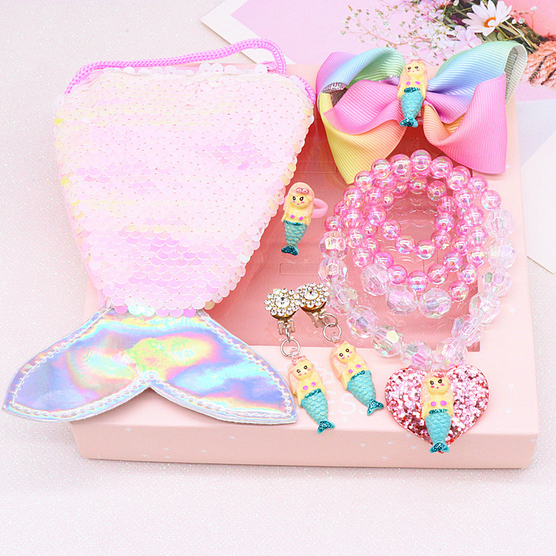 Children&#039;s Fishtail Necklace Bracelet Cross-Border Sold Jewelry Set Pearl Necklace Cartoon Fishtail Bag Gift Box Wholesale