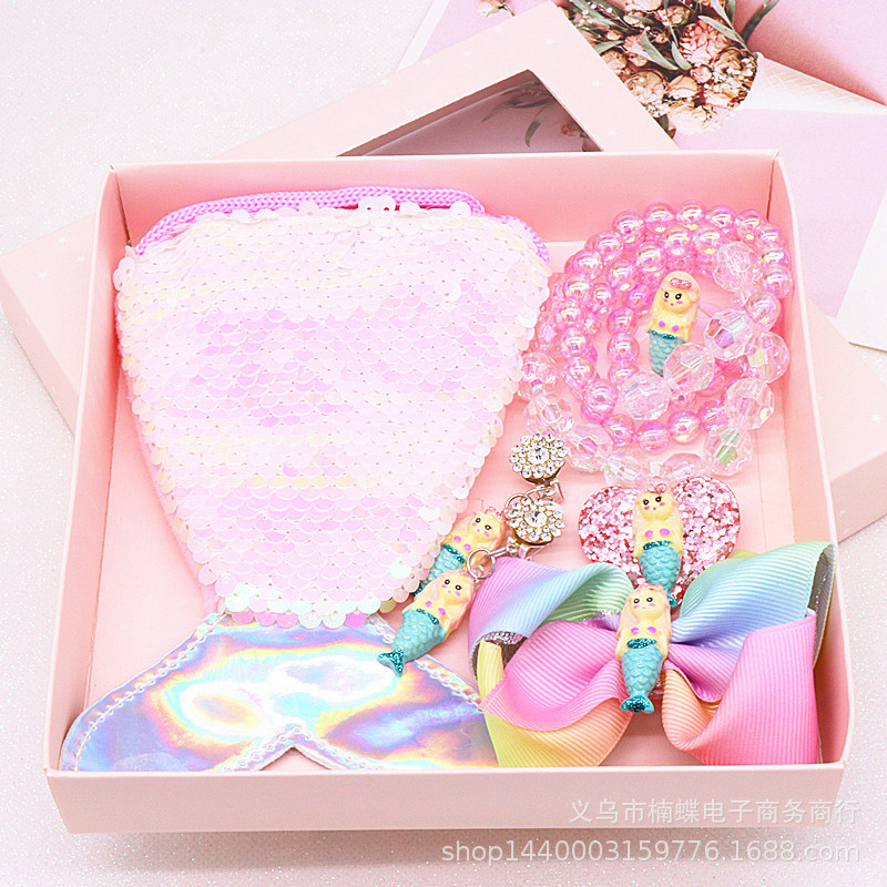 Children's Fishtail Necklace Bracelet Cross-Border Sold Jewelry Set Pearl Necklace Cartoon Fishtail Bag Gift Box Wholesale