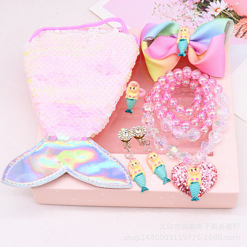 Children's Fishtail Necklace Bracelet Cross-Border Sold Jewelry Set Pearl Necklace Cartoon Fishtail Bag Gift Box Wholesale
