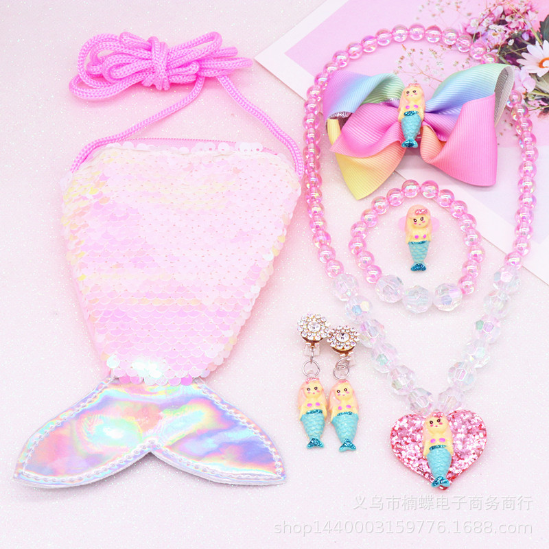 Children's Fishtail Necklace Bracelet Cross-Border Sold Jewelry Set Pearl Necklace Cartoon Fishtail Bag Gift Box Wholesale