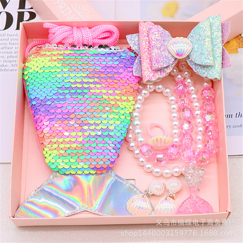 Children's Fishtail Necklace Bracelet Cross-Border Sold Jewelry Set Pearl Necklace Cartoon Fishtail Bag Gift Box Wholesale