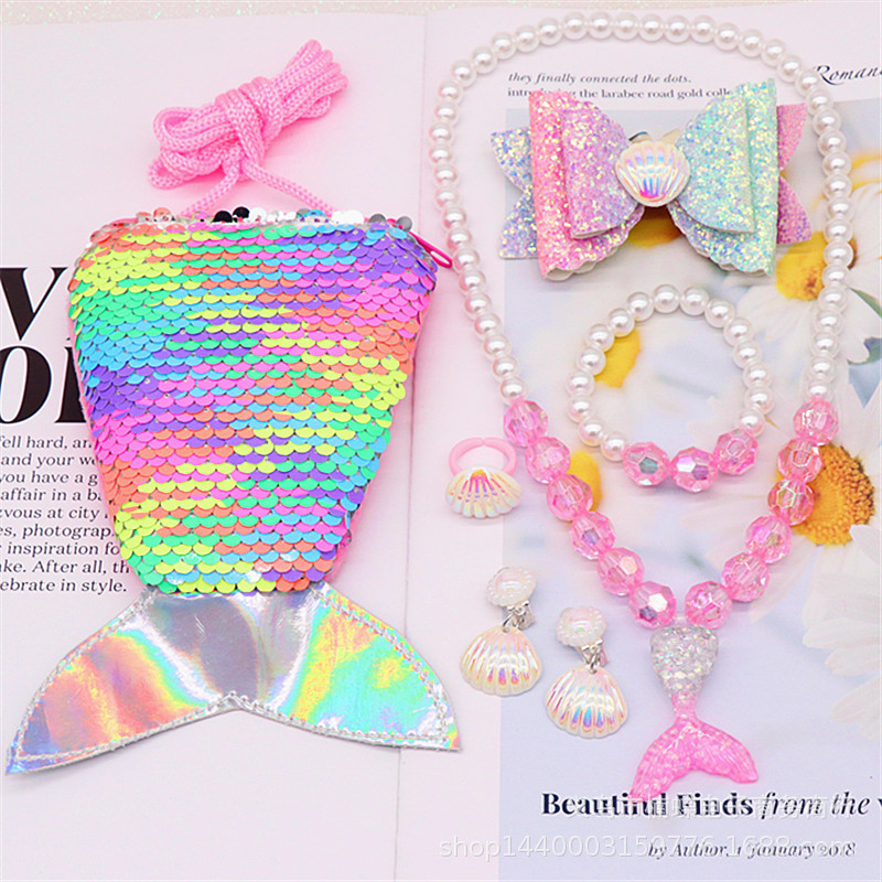 Children's Fishtail Necklace Bracelet Cross-Border Sold Jewelry Set Pearl Necklace Cartoon Fishtail Bag Gift Box Wholesale