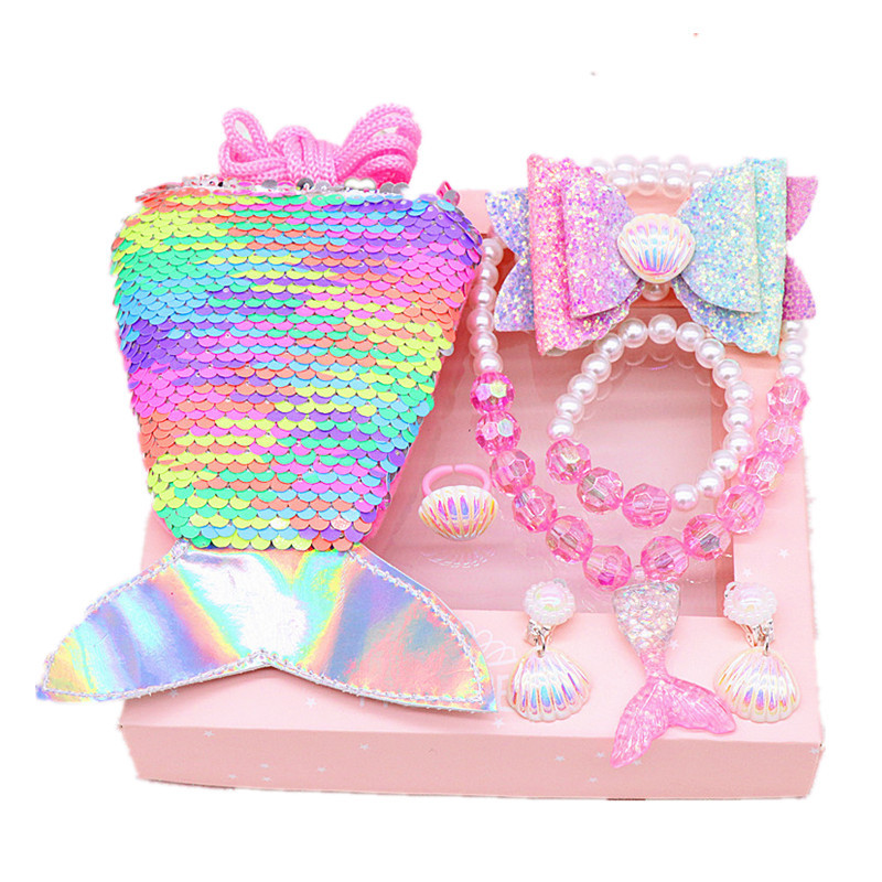 Children&#039;s Fishtail Necklace Bracelet Cross-Border Sold Jewelry Set Pearl Necklace Cartoon Fishtail Bag Gift Box Wholesale