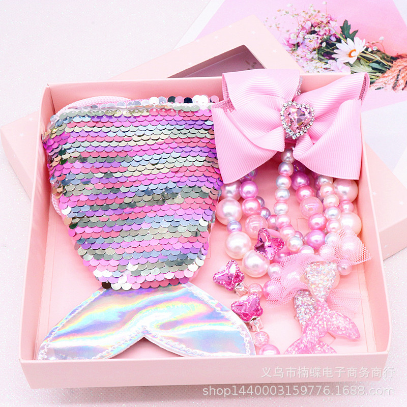 Children's Fishtail Necklace Bracelet Cross-Border Sold Jewelry Set Pearl Necklace Cartoon Fishtail Bag Gift Box Wholesale