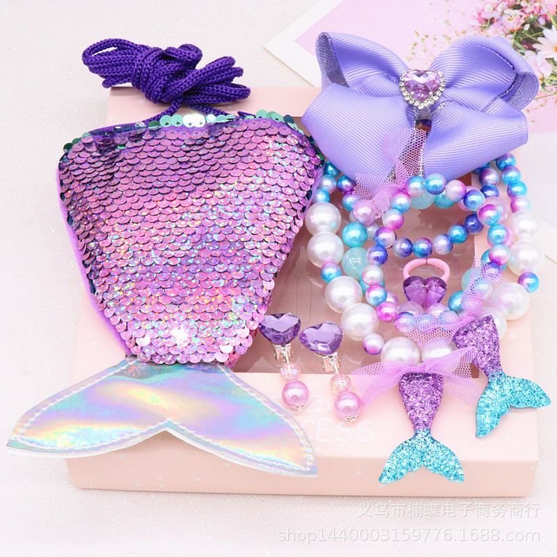 Children's Fishtail Necklace Bracelet Cross-Border Sold Jewelry Set Pearl Necklace Cartoon Fishtail Bag Gift Box Wholesale