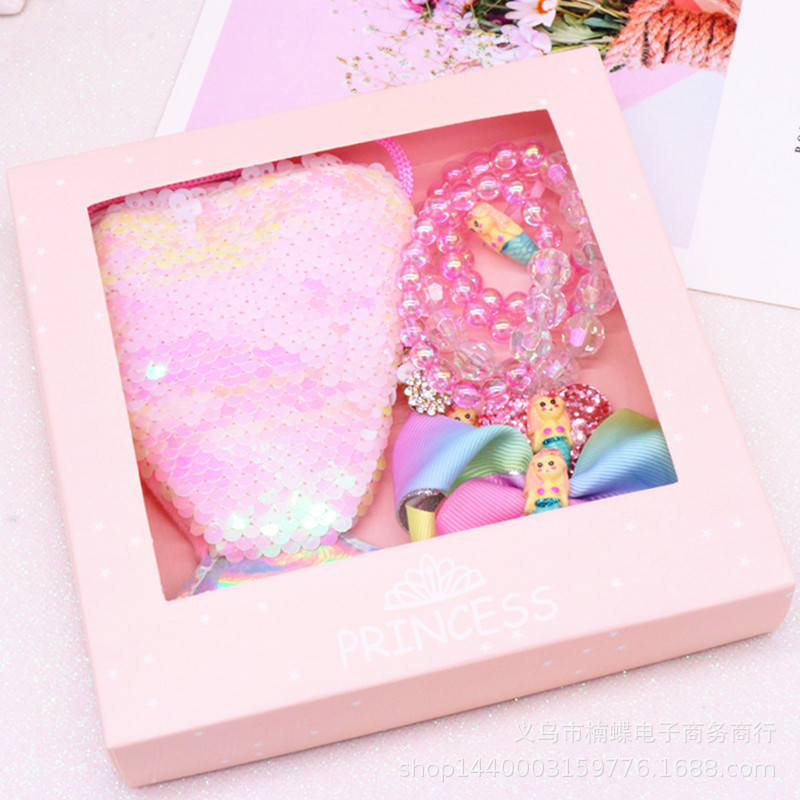 Children's Fishtail Necklace Bracelet Cross-Border Sold Jewelry Set Pearl Necklace Cartoon Fishtail Bag Gift Box Wholesale