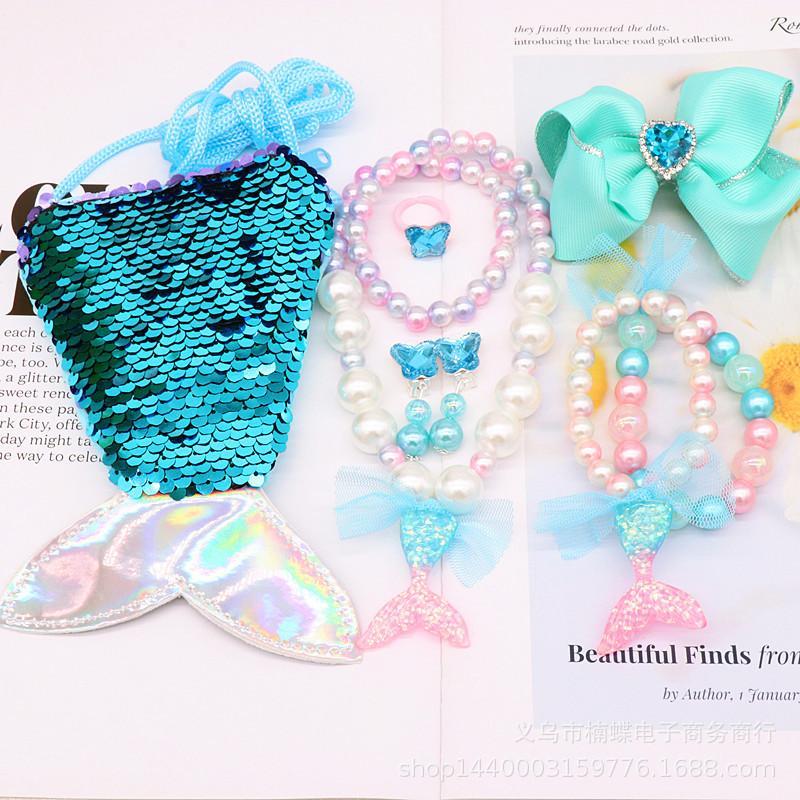Children's Fishtail Necklace Bracelet Cross-Border Sold Jewelry Set Pearl Necklace Cartoon Fishtail Bag Gift Box Wholesale