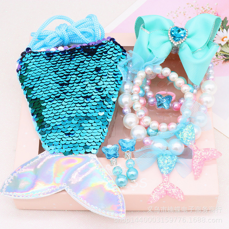 Children's Fishtail Necklace Bracelet Cross-Border Sold Jewelry Set Pearl Necklace Cartoon Fishtail Bag Gift Box Wholesale