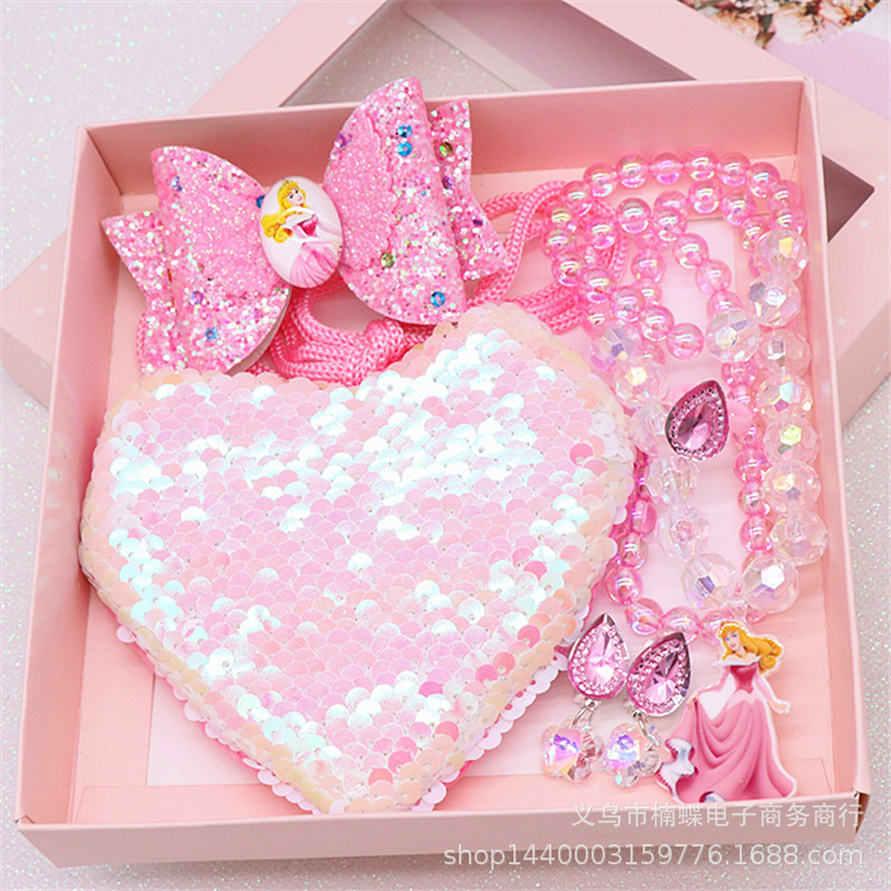 Children's Fishtail Necklace Bracelet Cross-Border Sold Jewelry Set Pearl Necklace Cartoon Fishtail Bag Gift Box Wholesale