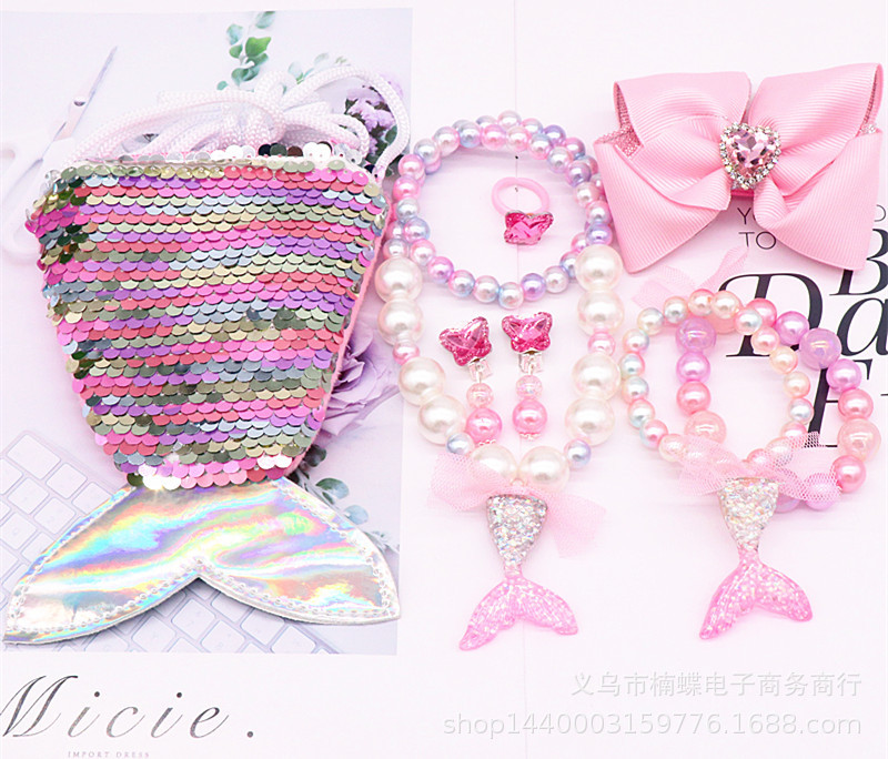 Children's Fishtail Necklace Bracelet Cross-Border Sold Jewelry Set Pearl Necklace Cartoon Fishtail Bag Gift Box Wholesale