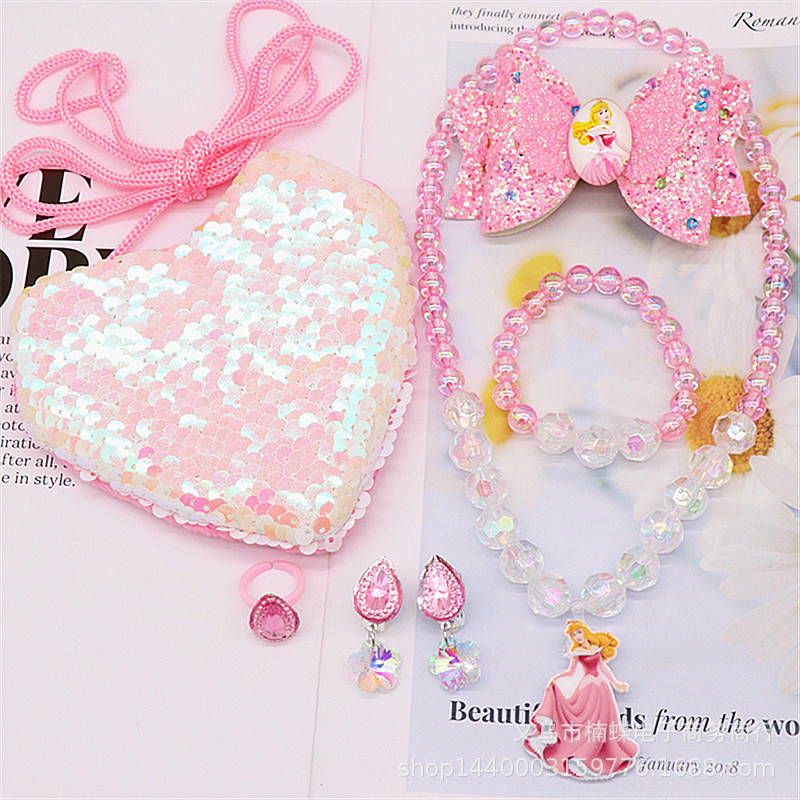 Children's Fishtail Necklace Bracelet Cross-Border Sold Jewelry Set Pearl Necklace Cartoon Fishtail Bag Gift Box Wholesale