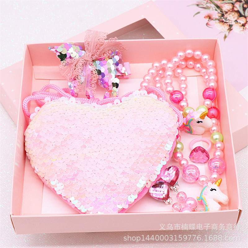 Children's Fishtail Necklace Bracelet Cross-Border Sold Jewelry Set Pearl Necklace Cartoon Fishtail Bag Gift Box Wholesale