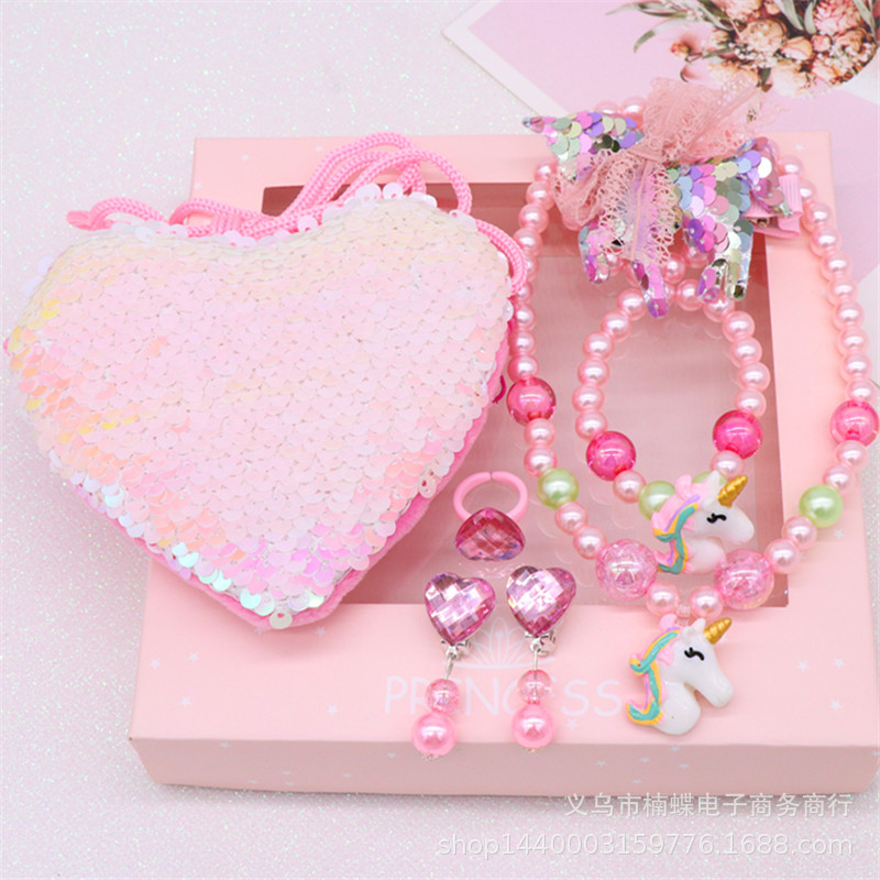 Children's Fishtail Necklace Bracelet Cross-Border Sold Jewelry Set Pearl Necklace Cartoon Fishtail Bag Gift Box Wholesale