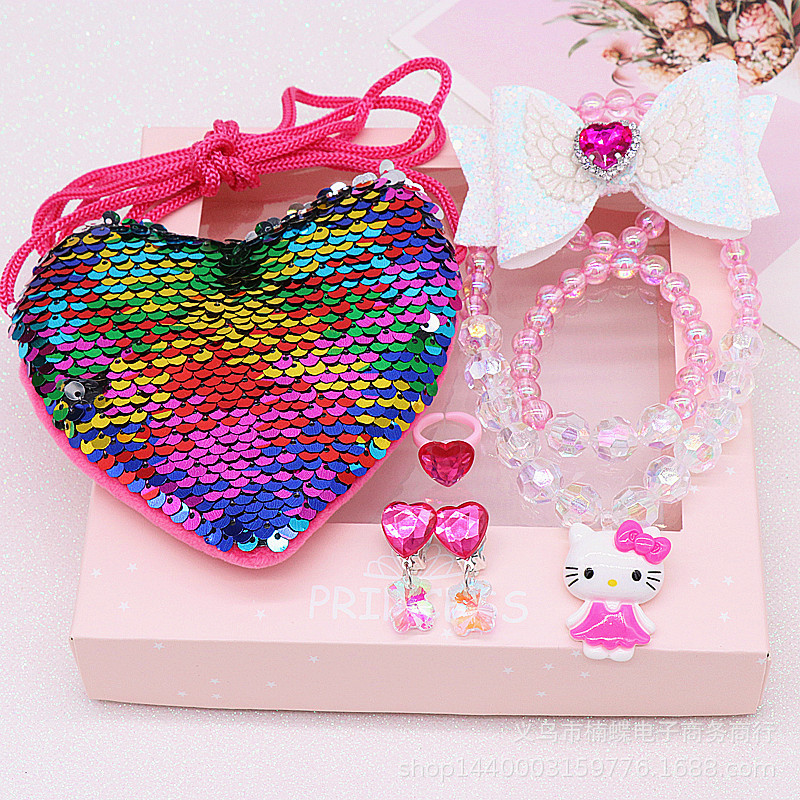 Children's Fishtail Necklace Bracelet Cross-Border Sold Jewelry Set Pearl Necklace Cartoon Fishtail Bag Gift Box Wholesale