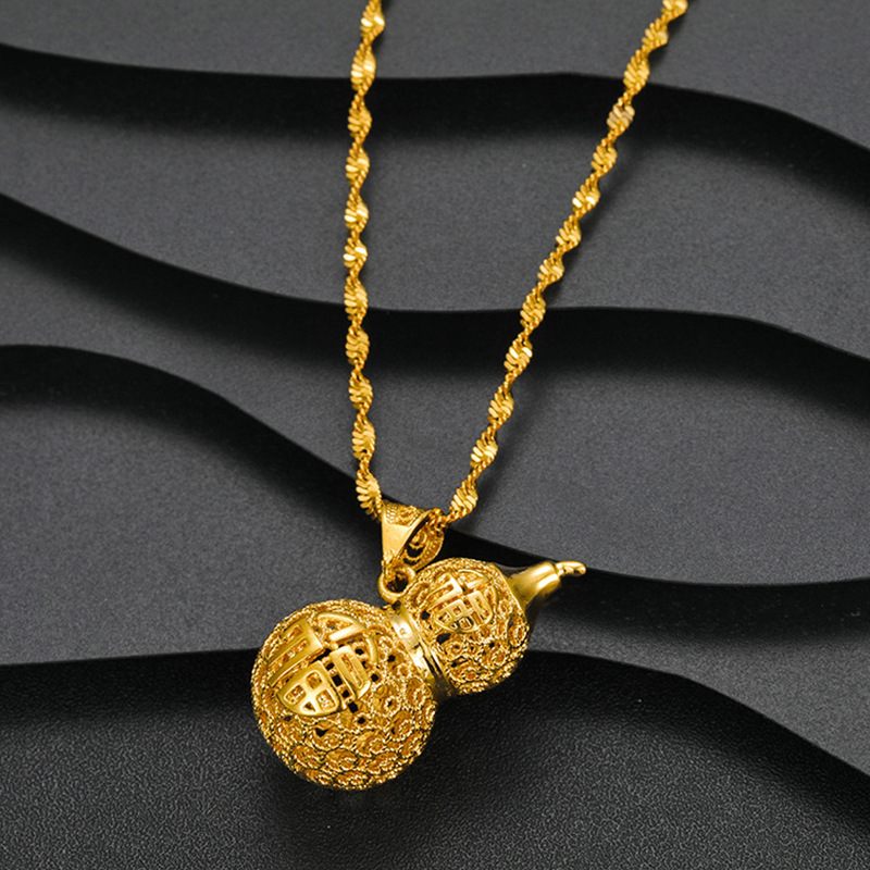 Copper-Plated Gold Inheritance Craft Hollow Blessing Gourd Necklace for Women Alluvial Gold Necklace Imitation Gold Accessories in Stock Wholesale