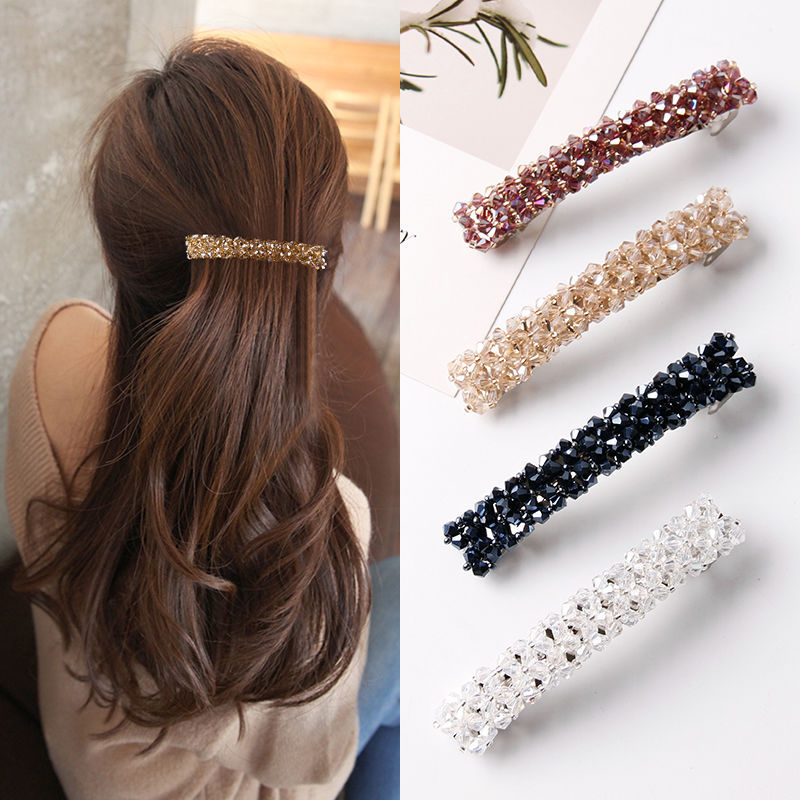 Korean Jewelry Rhinestone Headdress Barrettes Four Rows Crystal Fishing Line Woven Side Clip Exquisite Word Spring Clip Hair Accessory Women