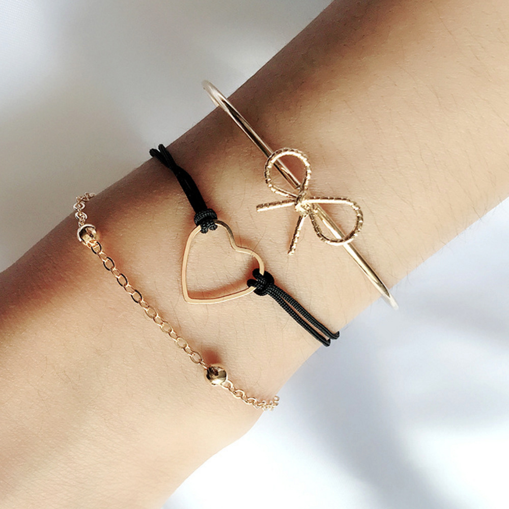 AliExpress Cross-Border Fashion Accessory/Jewelry Hollow Love Alloy Bow Set Bracelet for Women in Stock
