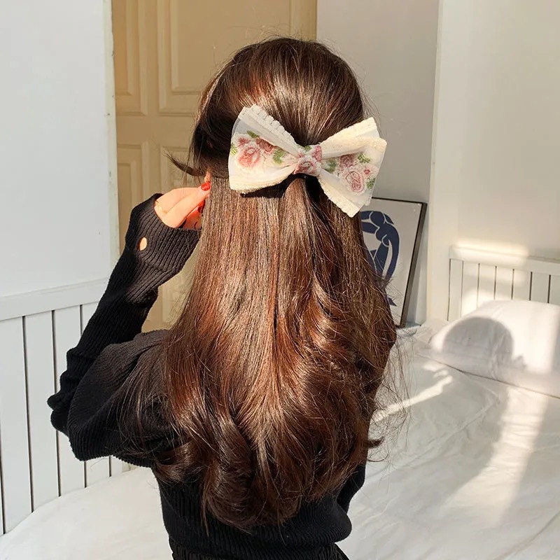 Super Fairy Lace Bow Barrettes Female Korean Dongdaemun Hair Accessory French Rose Embroidery Headdress Small Jewelry Hairpin