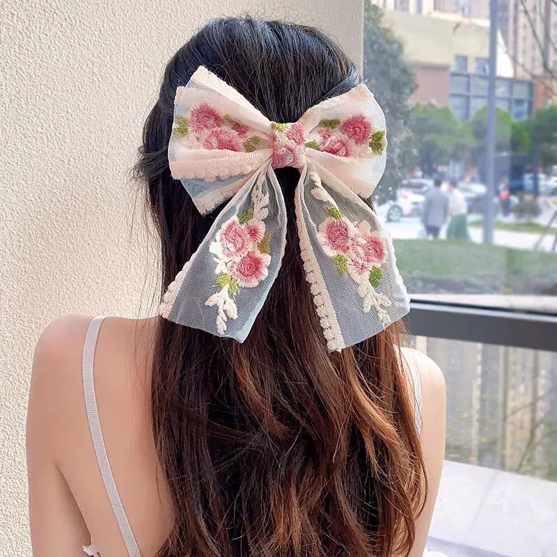 Super Fairy Lace Bow Barrettes Female Korean Dongdaemun Hair Accessory French Rose Embroidery Headdress Small Jewelry Hairpin