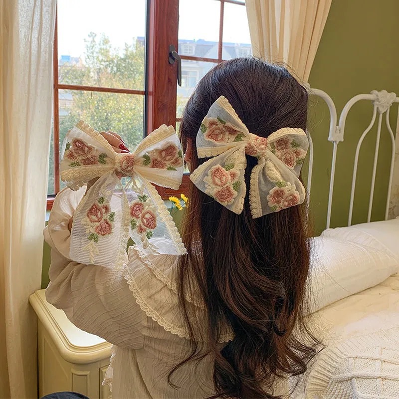 Super Fairy Lace Bow Barrettes Female Korean Dongdaemun Hair Accessory French Rose Embroidery Headdress Small Jewelry Hairpin