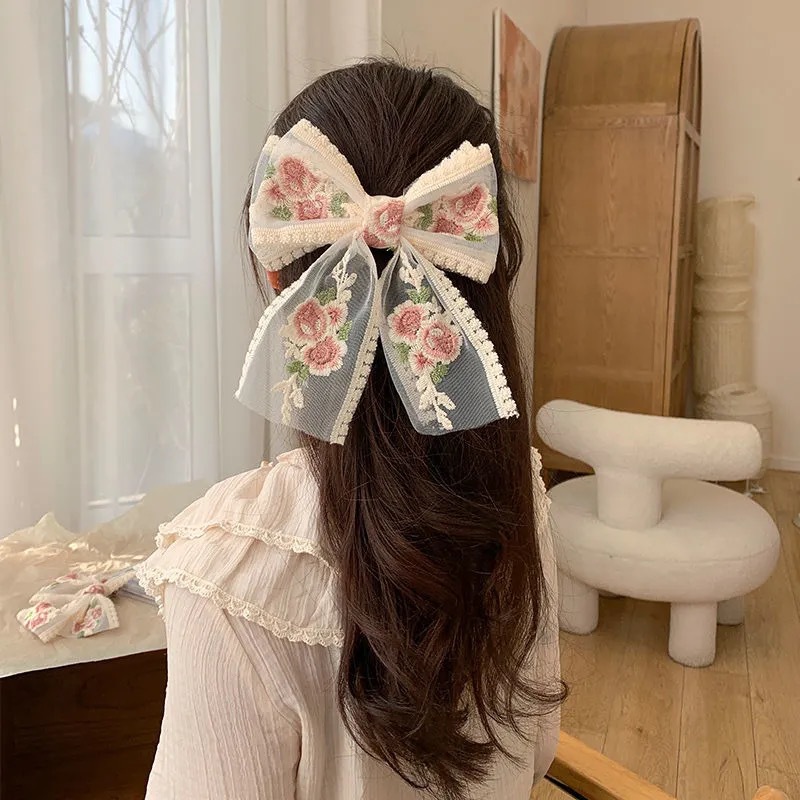 Super Fairy Lace Bow Barrettes Female Korean Dongdaemun Hair Accessory French Rose Embroidery Headdress Small Jewelry Hairpin