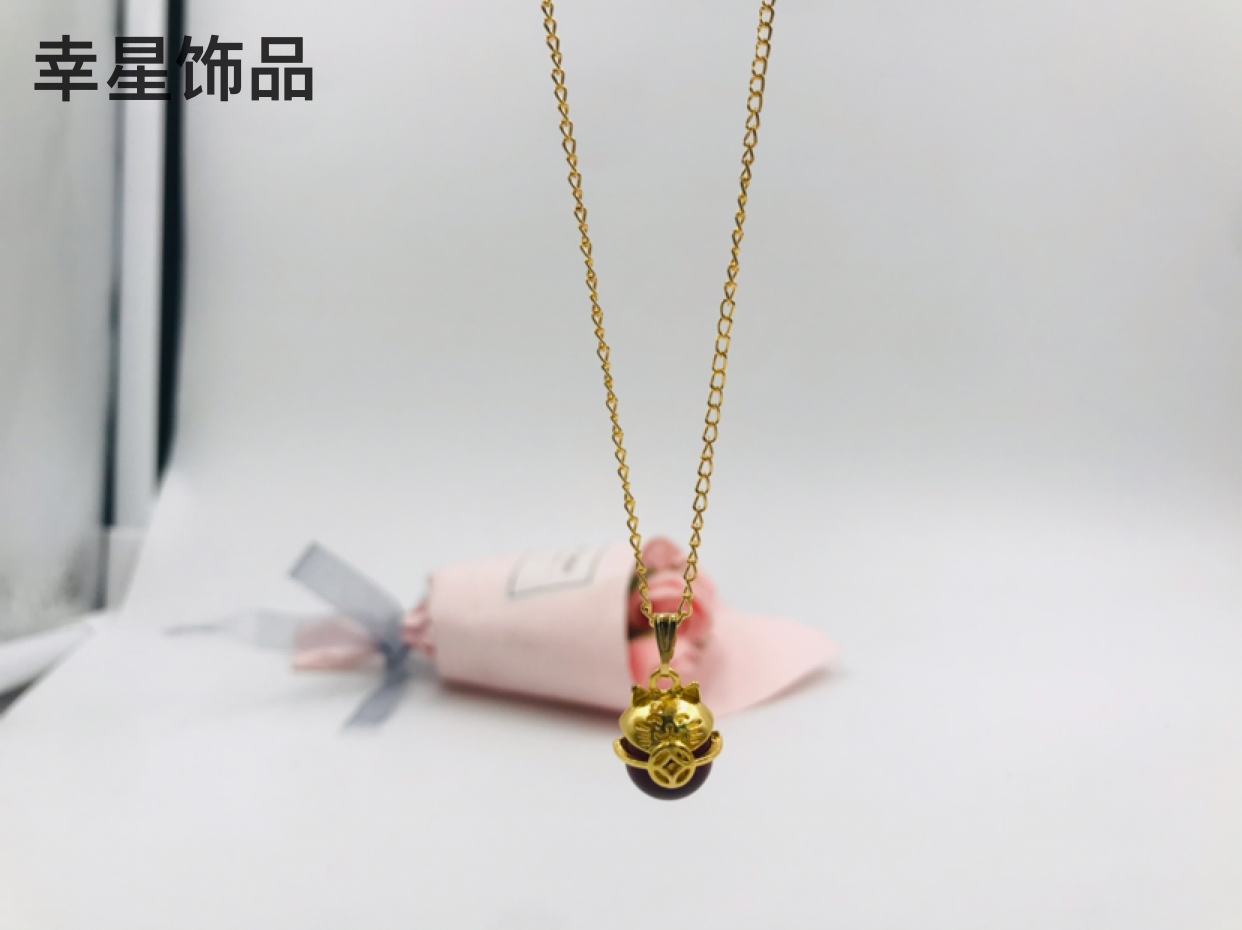 Imitation Jade Jewelry Gold Necklace Lucky Cat Gold Inlaid with Jade Pendant Women&#039;s Necklace Accessory/Jewelry