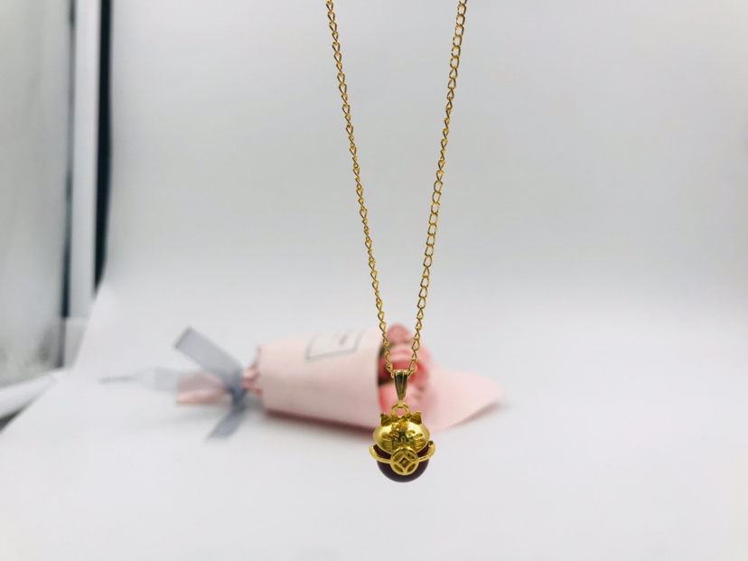 Imitation Jade Jewelry Gold Necklace Lucky Cat Gold Inlaid with Jade Pendant Women's Necklace Accessory/Jewelry